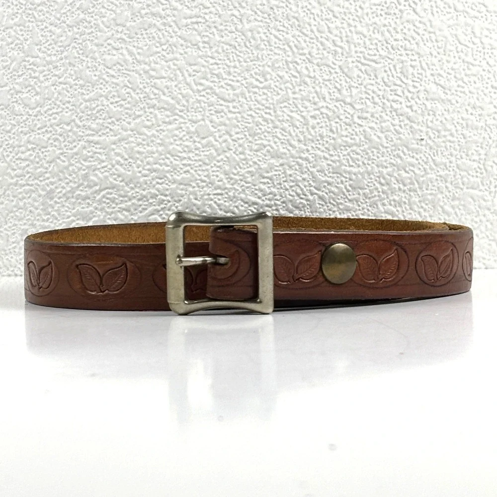 Vintage Tooled Leather Belt Unisex 30 Brown Floral Leaf Embossed Buckle Western